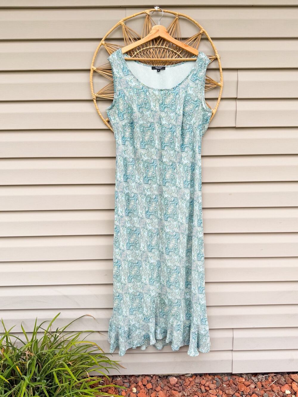Karen Kane Blue Green Paisley Ruffle Hem Maxi Tank Dress Whimsy Boho Fairy Sz 1X